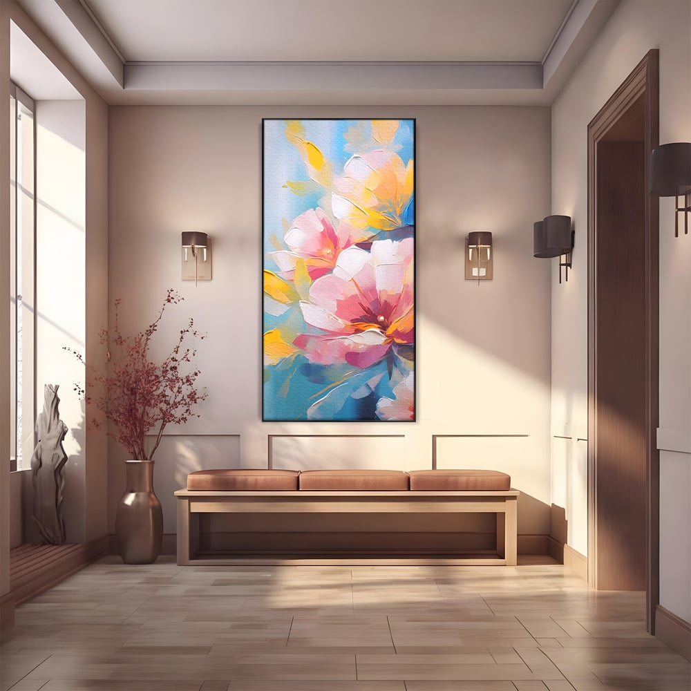Tablou canvas cu tablou canvas cu flori roz, in rama de aluminiu negru